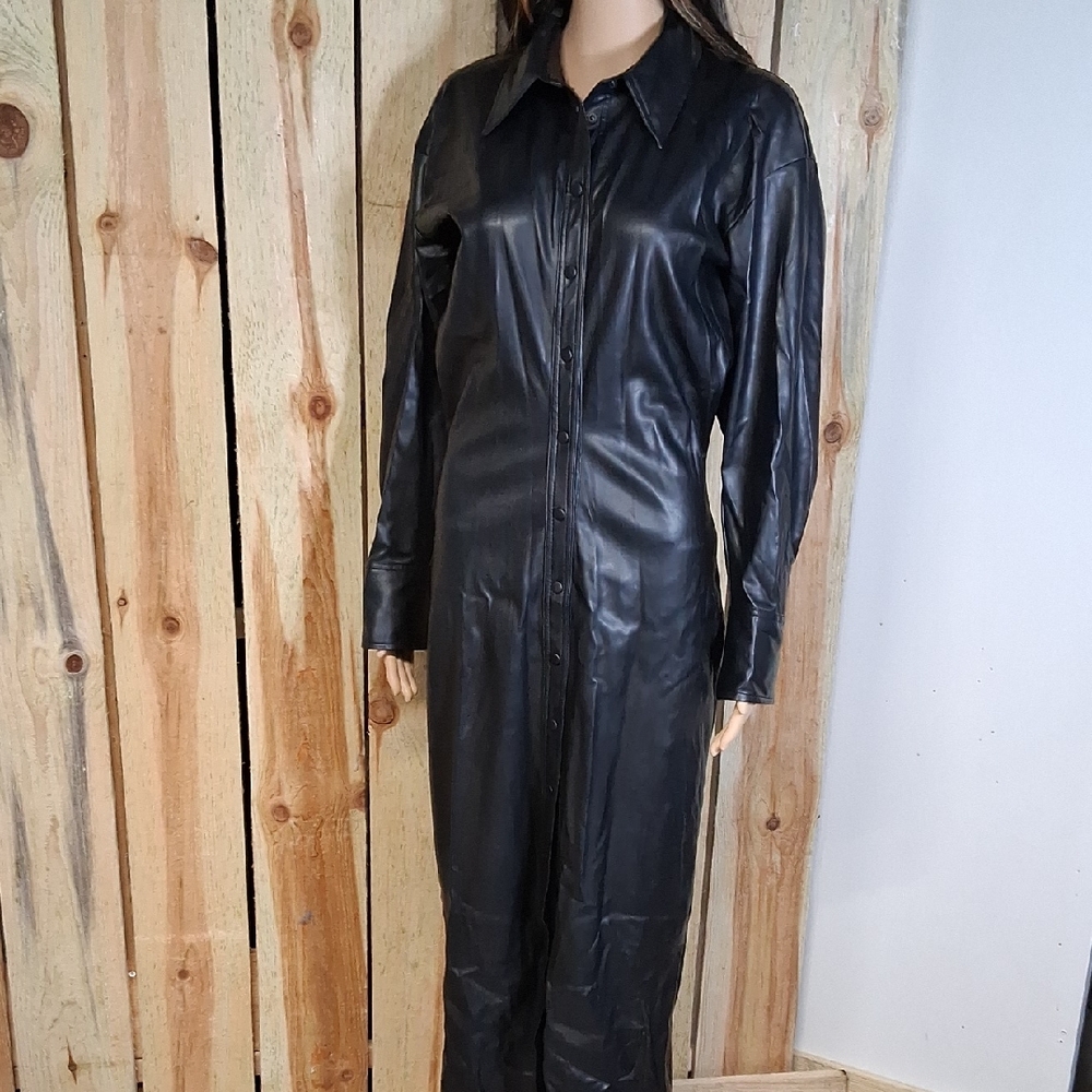 Womens Zara Black Faux Leather Midi Shirt Dress Size M Office Date Night NWT